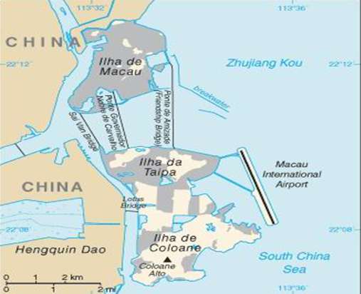 Macau. Area between Ilha da Taipa and Ilha de Coloane is Cotai landfill area on which are located many of the new casinos.